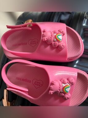 Mini Melissa Pink Care Bears Slide Sandals with Rainbow Heart